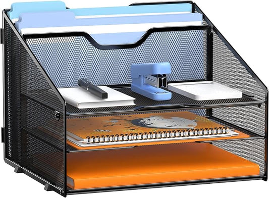 GAWERK Letter Tray Organizer, Mesh Desk File Organizer with 3 Paper Trays and 2 Vertical Upright Section, Blank