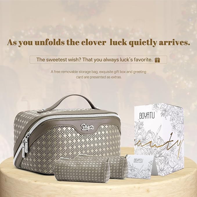 BOYATU Travel Makeup Bag for Women: Four Leaf Clover Large Capacity 3 Pcs Set Cosmetic Bags - Waterproof 50% Extra Space for Toiletry Organizer - Travel Essentials for Fortunate (07 Khaki)