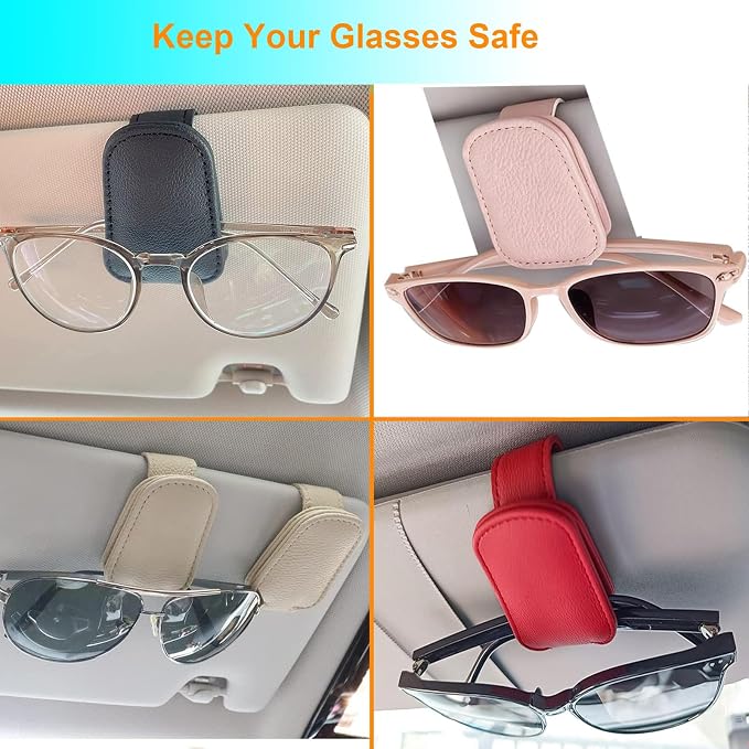 Sunglass Holder for Car, Magnetic Leather Sunglasses Clip for Car Visor, Eyeglass Hanger Clip for Car Sun Visor (Pink 2 Pack)