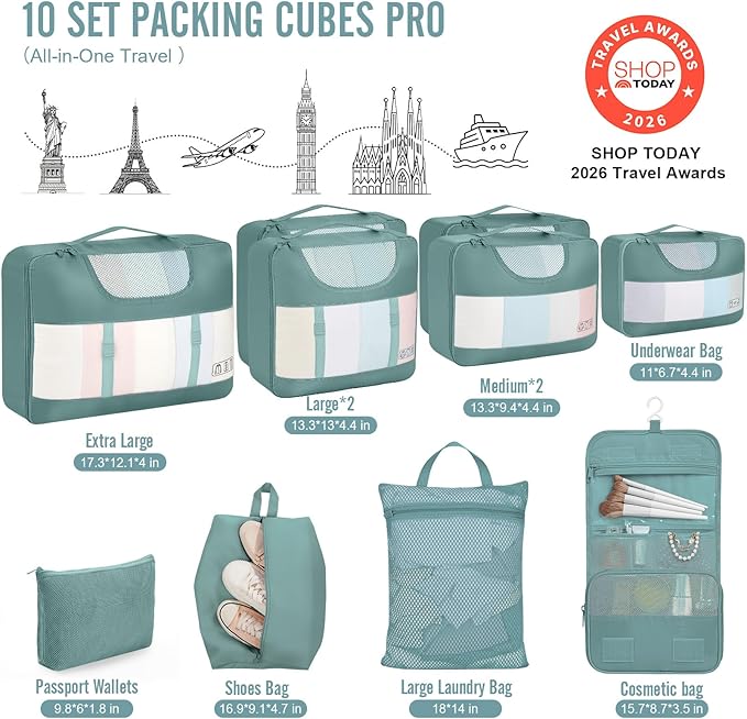 Veken 10 Set Packing Cubes for Travel Essential, Suitcase Organizer Bags in 4 Sizes, Carry-On Luggage Accessories with Large Laundry & Hanging Toiletry Bag, Must-Have for Airplane, Road Trip & Camping
