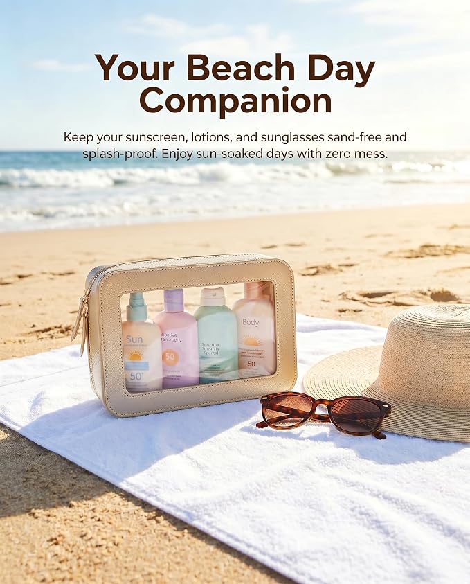 LETGO Sunscreen Bag Clear Makeup Toiletry Pouch Beach Vacation Essentials for Women Teen Girls Trip Gifts Summer Pool Travel Must Have Accessories Waterproof StuffClear-Golden