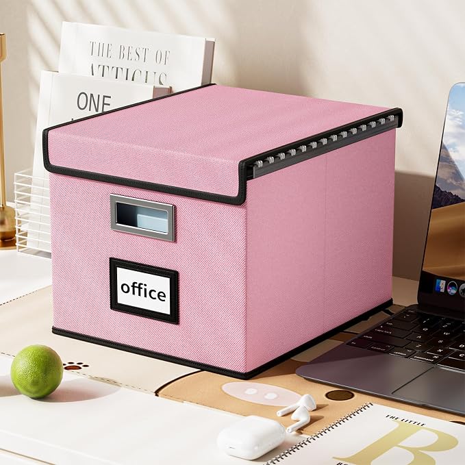File Organizer Box with Lid, Collapsible File Folder Organizer for Office Document Storage, Filing Box with Plastic Slide for Letter Size Hanging File Folders(1 Pack, Pink)