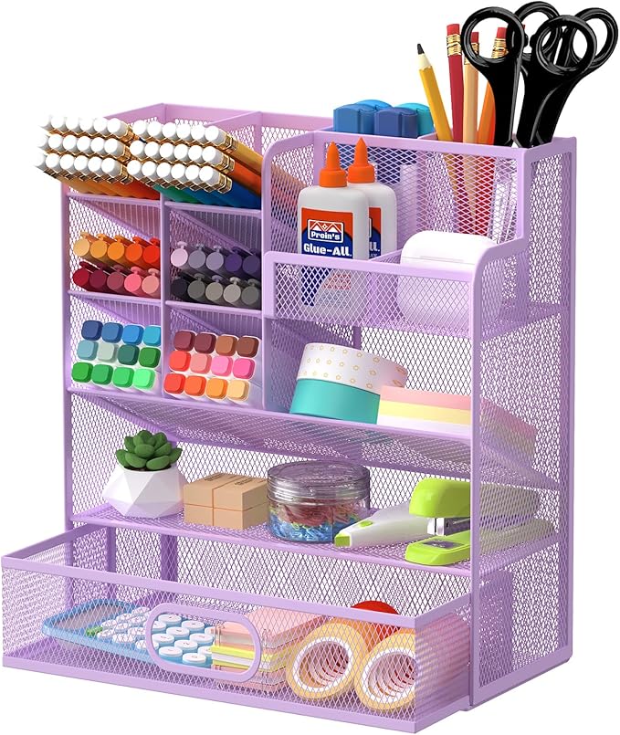 Mesh Pen Organizer for Desk - Multi-Functional Pencil Holder with Drawer Desk Organizers, Large Capacity Storage for School Office Home Supplies (Purple)