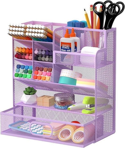 Mesh Pen Organizer for Desk - Multi-Functional Pencil Holder with Drawer Desk Organizers, Large Capacity Storage for School Office Home Supplies (Purple)