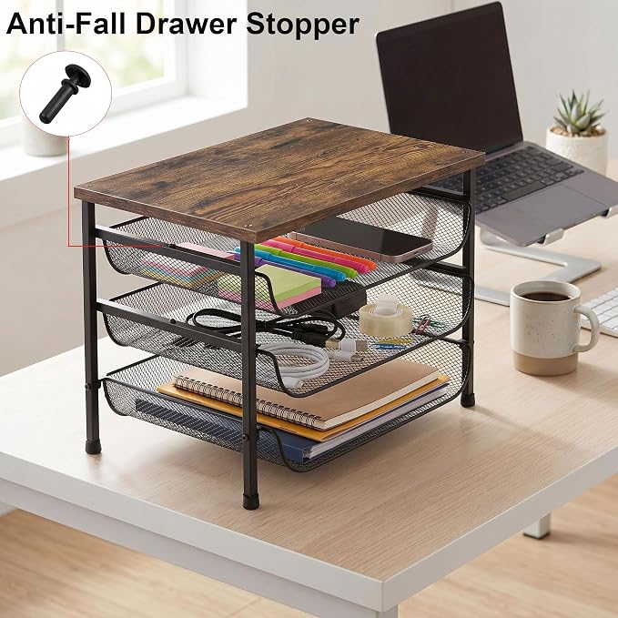 4-Tier Mesh Desk Organizer with Drawer Wooden Top Desktop Organizers File Holder Letter Tray Supplies Paper Organizer Home Office Accessories Black