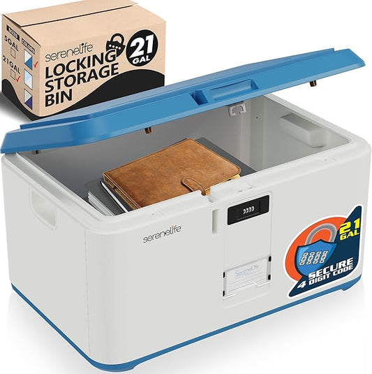 SereneLife Locking Storage Container Bin - 21 Gallon Large Capacity - Stackable Storage Tote Deck Box - Tough Durable Plastic Household Organizer with Lid, and Security Combination Lock