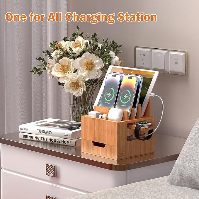 Pezin & Hulin Multi Device Charging Station, with Charger HUB Adapter, All in One Large Dock Organizer with Drawer Storage, Compatible with Phones, Tablets, Earbuds (5 Mixed Cables Included)