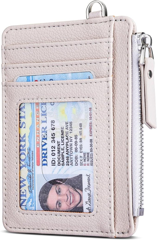 Teskyer Slim Card Holder Wallet with Zip Pocket, RFID Blocking, Total 9 Compartments Large Capacity, 3.5" x 4.7" (Slight Larger Than Usual), Faux Leather - Beige