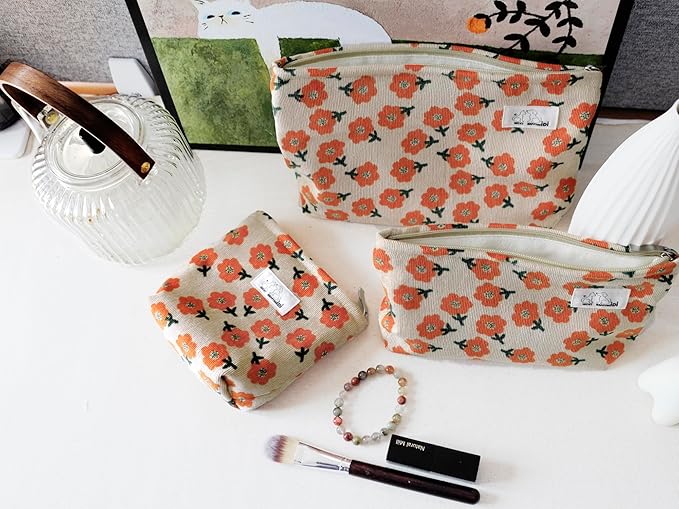 HAPPYHEIDI Makeup Bag Set 3 Cosmetic Toiletry Organizer Zipper Pouch for Purse Tote, Women Girls Gift, Large Medium Small, Beige Orange Floral Corduroy