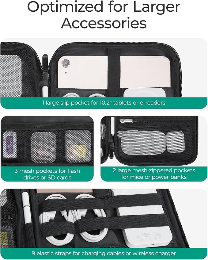 BAGSMART Electronics Travel Organizer Case for 10.2 Inch Tablets, Tech Pouch Essentials for Power Bank, SD Cards, Cord and Cable Storage Bag, Black