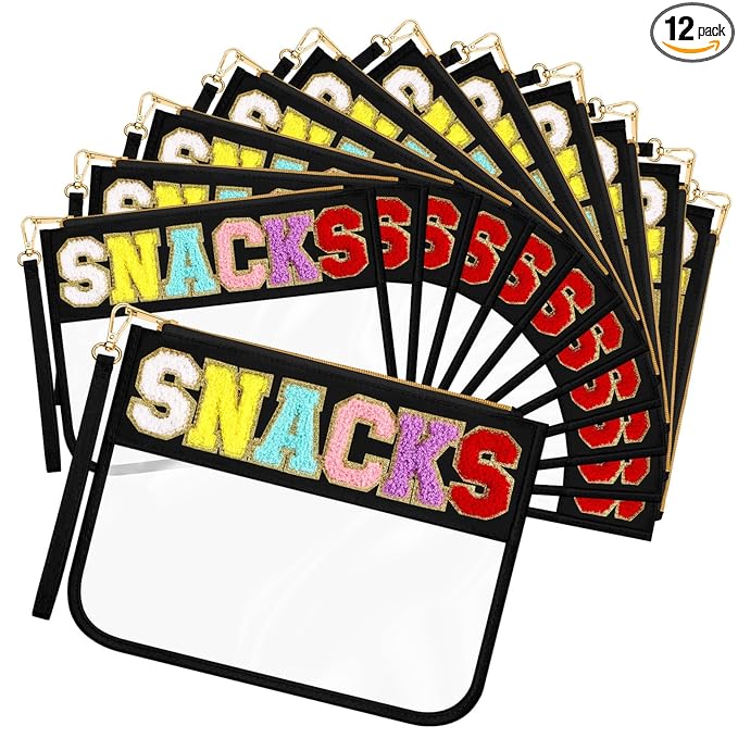 Abbylike 12 Pcs Snack Bags Clear Chenille Letter Snack Zipper Pouch Waterproof PVC Large Travel Makeup Cosmetic Storage Organizer Bag for Mom Team Cheerleaders Teacher (Black)