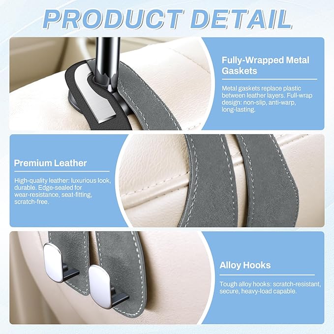 SINGARO 2PCS Car Purse Holder Hook, Seat Back Storage Hook, Leather-Wrapped Alloy Double Headrest Hook for Purses & Bags, Cute Car Interior Accessories for Women and Men, Gray