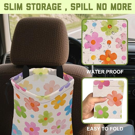 Car Trash Bag Retro Watercolor Flower Leak-Proof Waterproof Car Garbage Bag with Drawstring Foldable Canvas Trash Bin with Adjustable Buckle for Car Accessories, Travelling, Camping