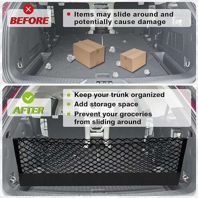 Muslogy Truck Bed Cargo Net Trunk Netting Compatible with 2020-2024 2025 2026 Ford Explorer Accessories, Pickup Cargo Organizer SUV Sedan Storage Net w/Heavy Duty Carabiners