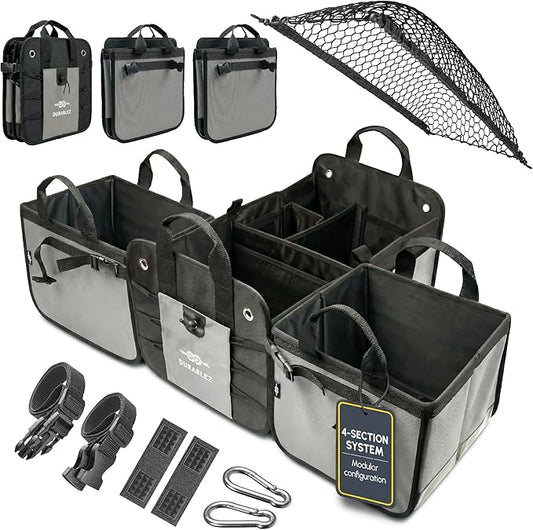 Modular 4-Section XL Trunk Organizer – Car Storage for Groceries, Tools, Sports Gear, Emergency Kits – Extra Large Multi-Compartment Cargo Box, Collapsible & Heavy Duty – Gray
