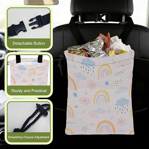 Car Trash Bag Abstract Rainbow Cloud Leak-Proof Waterproof Car Garbage Bag with Drawstring Foldable Canvas Trash Bin with Adjustable Buckle for Car Accessories, Travelling, Camping