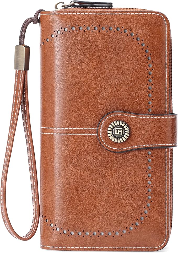 RNIEGA Womens Wallet Leather Billfold RFID Blocking Credit Card Holder Wristlet Wallets for Women Ladies Purses with Zipper Coin Pocket