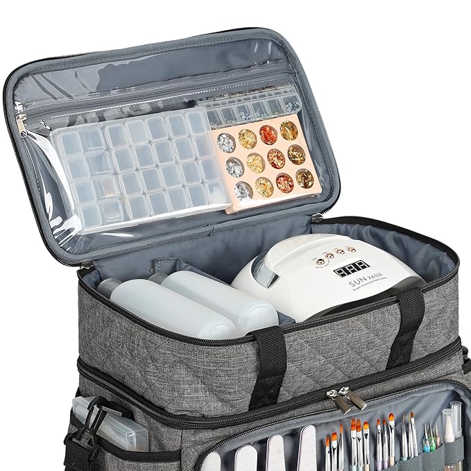 HOMEST Double Layer Nail Polish Organizer Holds 80 Bottles (15ml/0.5 fl. oz) and a Lamp, Case with 2 Removable Pouches for Manicure Tools Storage, Grey(Bag Only)