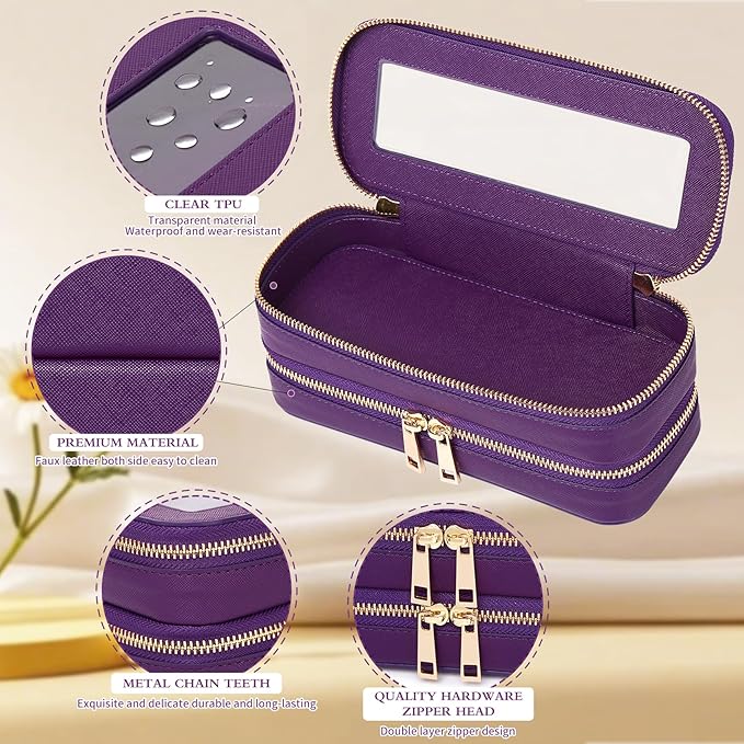 Pinkmik Double Layer Makeup Bag Makeup Brush Case Waterproof Travel Cosmetic & Toiletry Bag Purse Organizer and Car Essentials for Women (Purple, Double SLIM)
