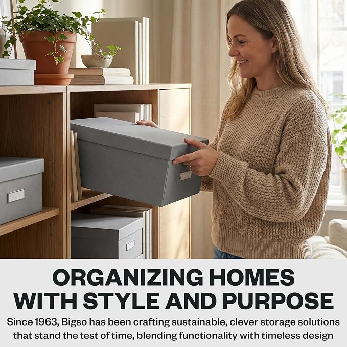 Bigso Karin Collapsible Storage Box - Photo Storage Box with Labelframe for Easy Identification - Simple Assembly Without Tools - Decorative Storage Boxes with Lids - 8.9in x 12.4in x 5.4in - Gray