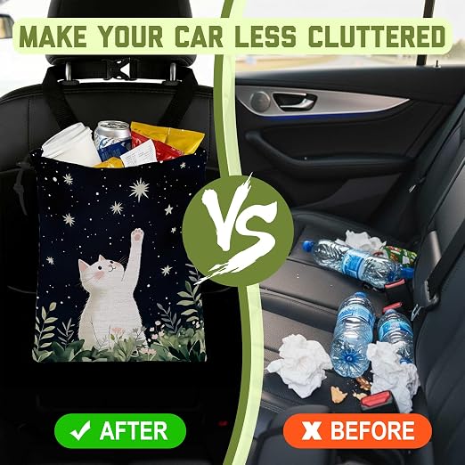 White Cat Starry Night Car Trash Bag Botanical Cat Leak-Proof Waterproof Car Garbage Bag with Drawstring Foldable Canvas Trash Bin with Adjustable Buckle for Car Accessories, Travelling, Camping