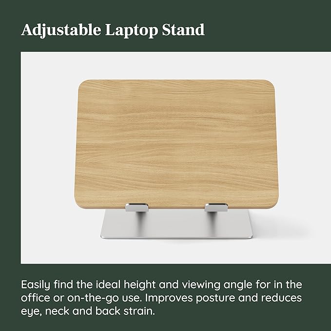 Branch Adjustable Laptop Stand - Portable Wooden Laptop Riser with Customizable Height & Angle - Foldable - Secure Silicon Grips for Home or Office - Woodgrain