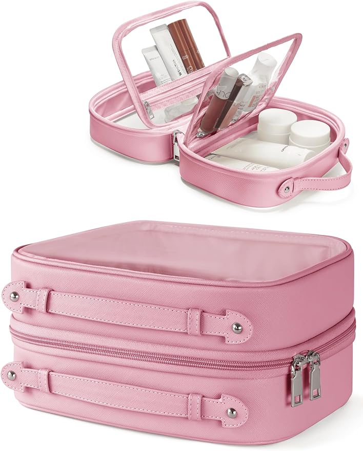 Clear Cosmetic Bag Double Layer Travel Toiletry Bag Clear Makeup Bag Case with 4 Compartments, Transparent Travel Bag for Toiletries, Large Toiletry Bag for Women Cosmetic Case (Pink, Large)