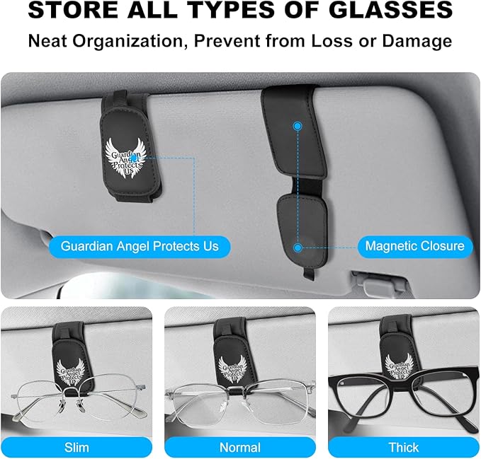 Teraves 2 Pack Sunglass Holder Clip for Car Visor, Upgrade Magnetic Leather Sunglasses Glasses Eyeglasses Visor Clip, Guardian Angel Gift for New Driver