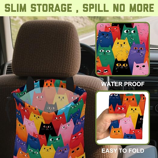 Car Trash Bag Abstract Colorful Cartoon Cats Hanging Drawstring Car Organizer and Storage Bag with Adjustable Buckle Canvas Garbage Bin for Back Seat or Hanging Headrest Road Trip Essentials