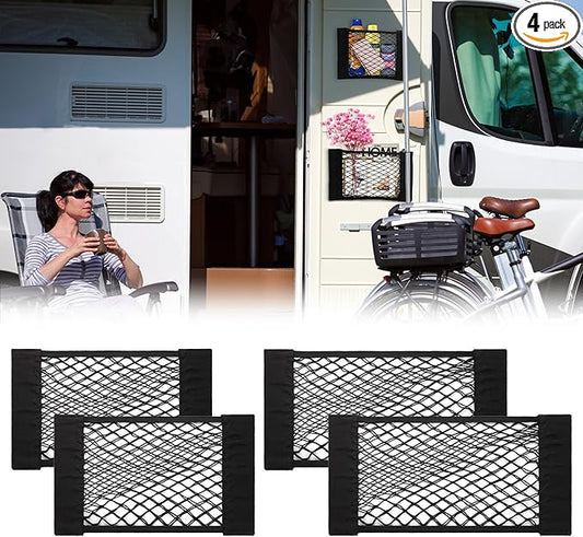 PIFOOG 4Pcs Universal Car Storage Net Pockets Stretchable Automotive Mesh Pouch Nets Bag Organizer Stickers Netting for Auto SUV Trunk Back Seat RV Camper