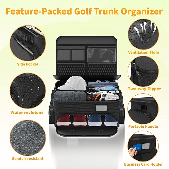 WALMANN Golf Trunk Organizer – Large 2-Layer Storage Bag with Ventilated Shoe Compartments for 2 Pairs, Waterproof Foldable Golf Gear Organizer