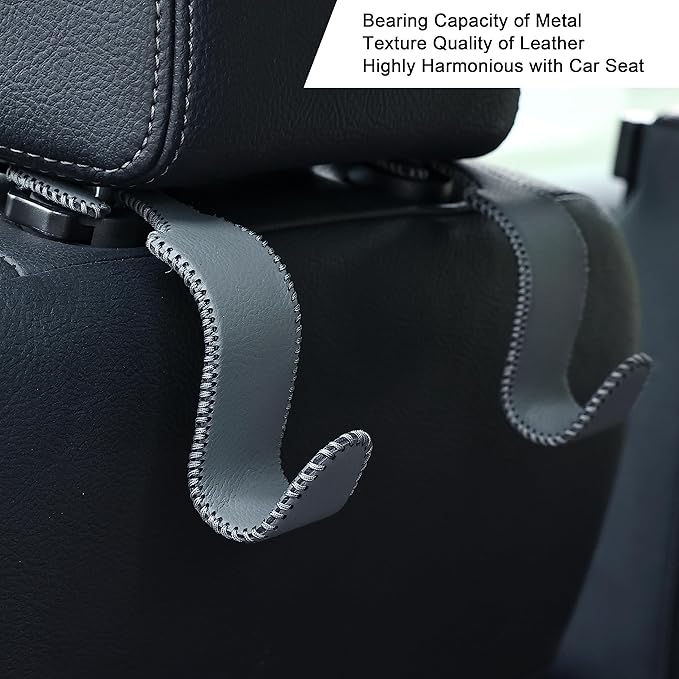 Amooca Car Seat Headrest Hook Universal Vehicle Storage Hanger Leather with Metal Car Seat Back Organizer for Handbag Purse Coat Grey 4 Pack