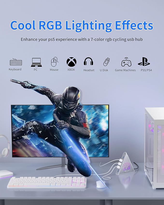 7-Port USB 3.0 Hub, Silver Vertical USB Expander with Tree-Themed RGB Lighting, 5Gbps Transfer Speed, 2FT Extension Cable, for MacBook, Laptop, Desktop, Xbox, Flash Drive, Printer