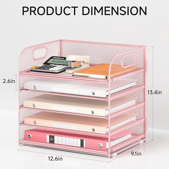 Lavatino Desk Paper Organizer with Handle, 2 Pack 5-Tier Pink Mesh Desk File Folder Holder Letter Tray Sorter Organizer for Office, Home or School
