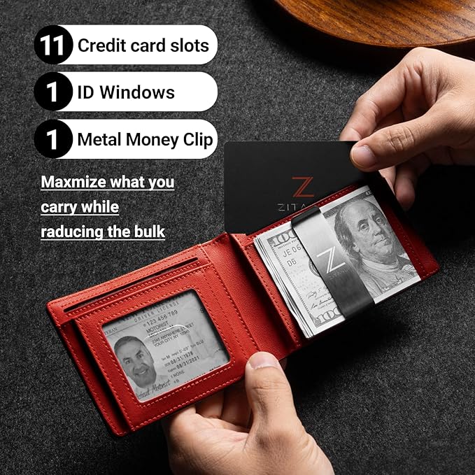 Zitahli Slim Wallet for Men with Money Clip, Minimalist Front Pocket RFID Blocking Leather Wallets Bifold Credit Card Holder, 11 Card Slots and ID Window with Gift Box
