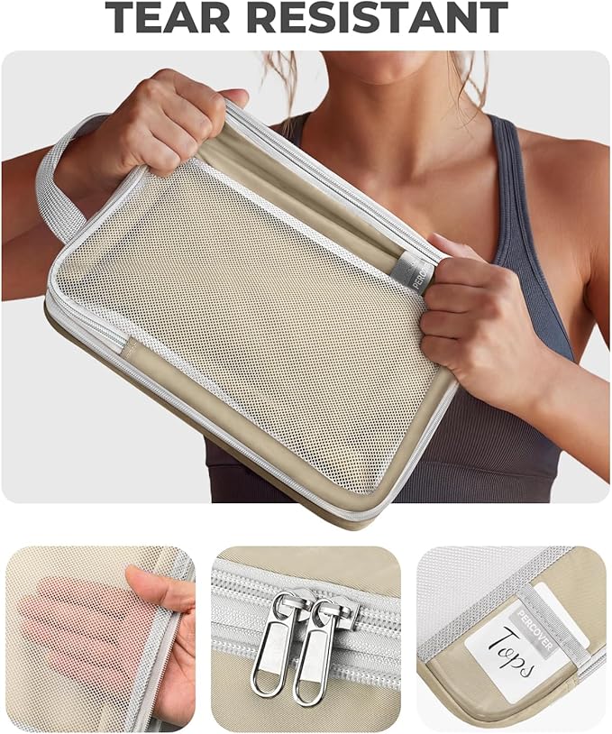 Percover Compression Packing Cubes 8-Piece Set, Packing Cubes Compression for Travel with Laundry Bag & Shoe Bag, Travel Organizer for Carry On & Checked Luggage, Camel