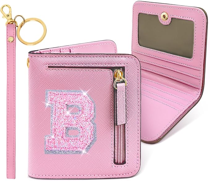 COSHAYSOO Initial RFID Wallet Small Personalized Mothers Nurse Teacher Coach Appreciation Day Gifts Easter Presents Bifold Compact Change Purse with Letter Zipper Card Slot Pink B