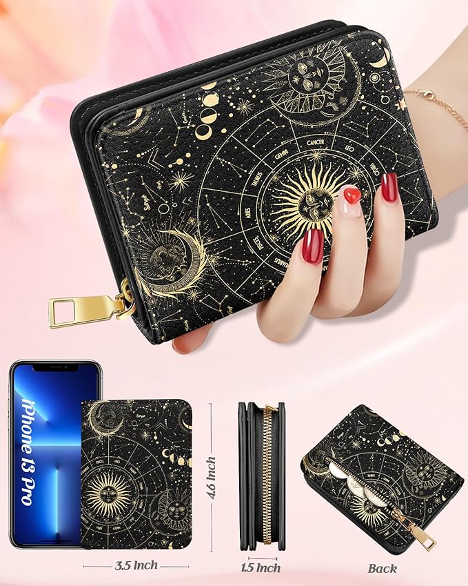 Bistup Credit Card Holder Wallet for Women Cute Leather Ladies Teen Girls Female Cardholder Wallets Accordion Purse Small Medium Aesthetic Print Stars Modern Design Rfid Zipper Around