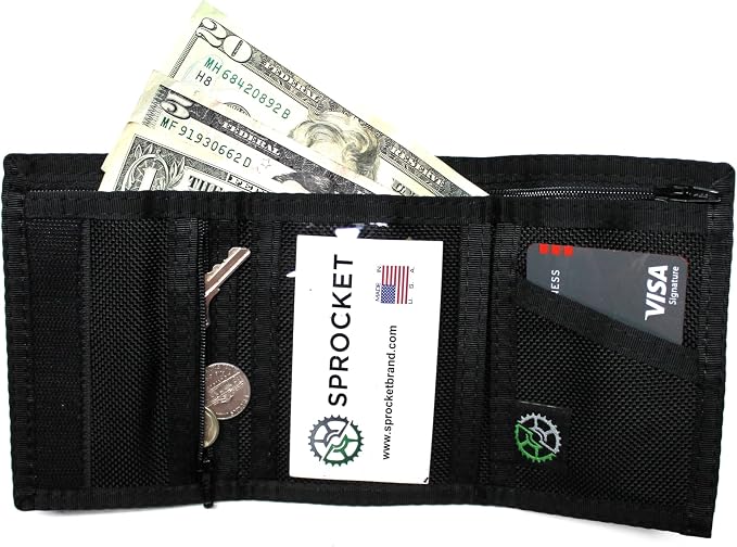 Sprocket Nylon Trifold Wallet with Zippered Coin Pocket & ID Window (Black Ballistic)