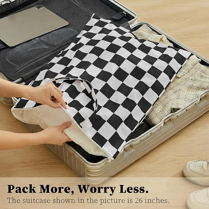 Ohocut Checkered 2 Pcs Large Travel Laundry Bags for Dirty Clothes, Aesthetic Trendy Waterproof Washable Laundry Bag with Handle for Travel, Gym, Swimming Pool Black and White