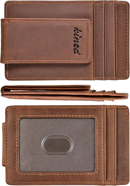 kinzd Slim Money Clip Wallet for Men Genuine Leather Front Pocket RFID Blocking Wallet, Minimalist Card Holder with 4 Strong Magnets Hold 30 Bills | RFID Blocking, Strong Magnet, thin