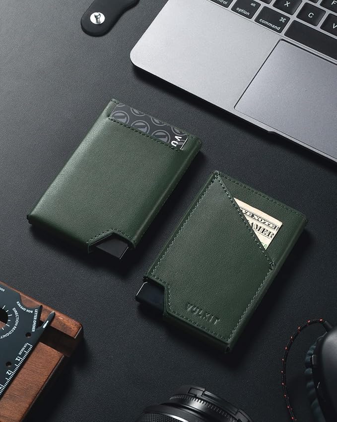 VULKIT Pop up Card Wallet RFID Blocking Slim Aluminum Metal Bank Card Holder Case with Business Money Pocket for Credit Cards Notes and Coins Green