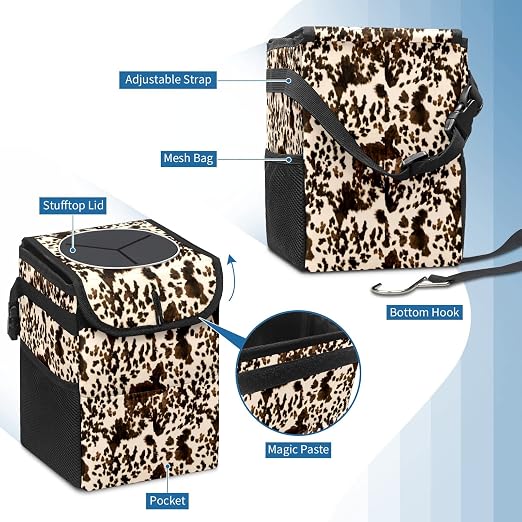 Brown Western Cow Print Car Trash Can with Lid - Collapsible Reusable Waterproof Automotive Garbage Can