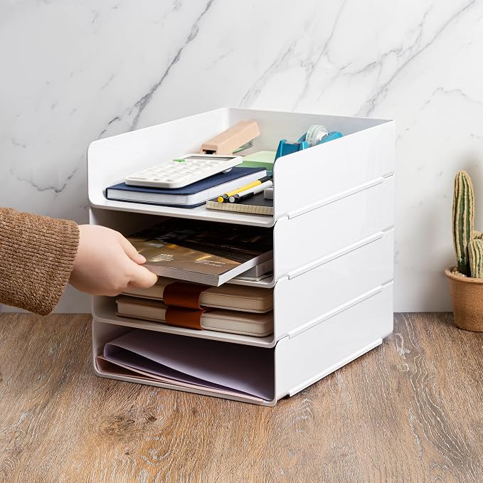 Tiawudi Desk Organizer, Office Organization and Storage, Plastic Letter Tray, Stackable File Organizer for Classroom, Home, Documents, Notes, Folders, Books and Pens, 4 Tier