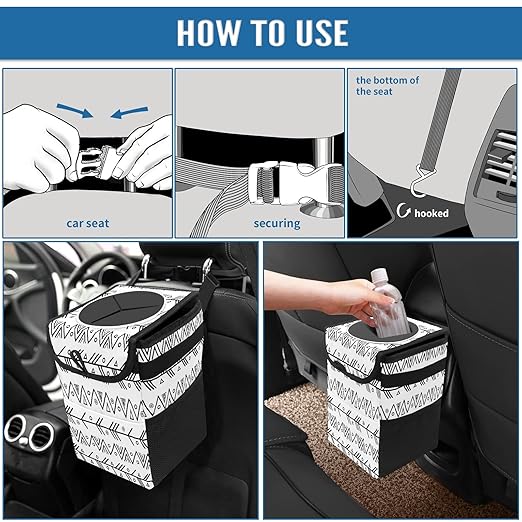 Car Trash Can Black White Geometric Print Auto Garbage Bag Car Trash Can with Lid Leak-Proof Car Storage Bag Garbage Bag Hanging for Headrest Collapsible and Portable with Storage Mesh Pocket