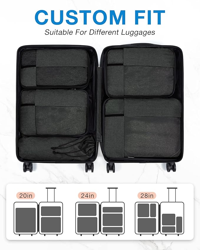 BAGSMART Compression Packing Cubes, Durable Travel Packing Cubes for Carry-On Suitcase, Lightweight Compressible Luggage Organizer Cruise Ship Travel Essentials, 6-Pack 1L+3M+1S+Shoe Bag, Black