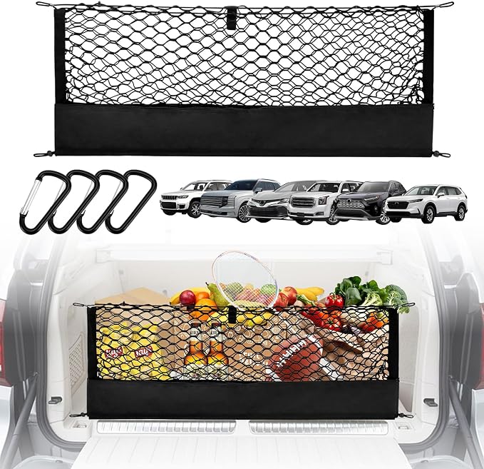 Universal Envelope Cargo Net for SUV Trunk Car, High Elastic with Bottom Storage Organizer & Hooks 35.4" x 15.7"