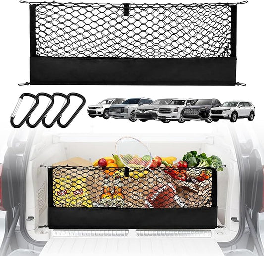 Universal Envelope Cargo Net for SUV Trunk Car, High Elastic with Bottom Storage Organizer & Hooks 35.4" x 15.7"