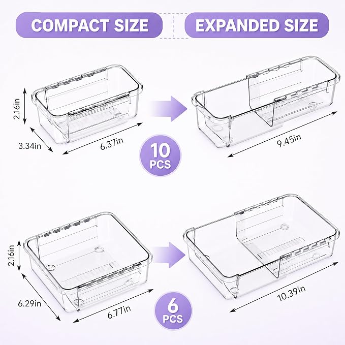 16 Pcs Extendable Clear Drawer Organizer, 2-Size Expandable Drawer Dividers, Expanding Plastic Storage Box Arcrylic Storage Bins for Vanity Makeup Drawer Dresser Kitchen Utensils DIY Desk Office