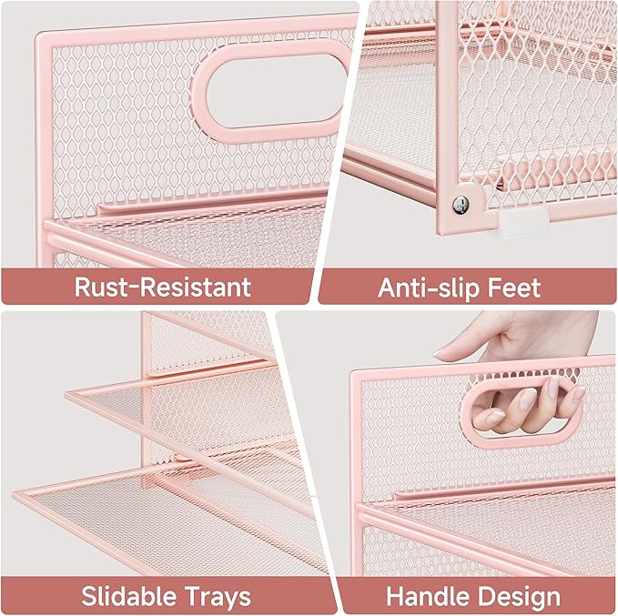 Pink Paper Organizer for Desk with Handle, 6-Tier Metal Mesh File Organizer | Stackable Desktop Organizer for Office Supplies & Stationery Storage